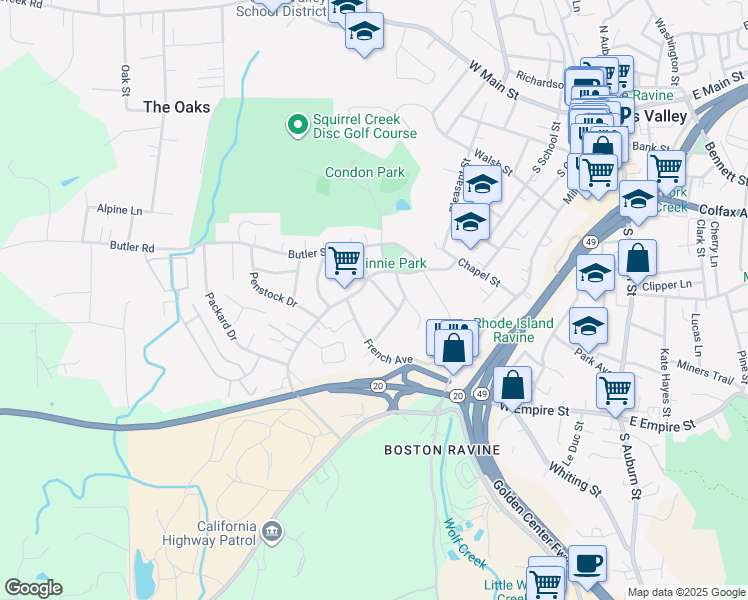 map of restaurants, bars, coffee shops, grocery stores, and more near 130 Hocking Avenue in Grass Valley