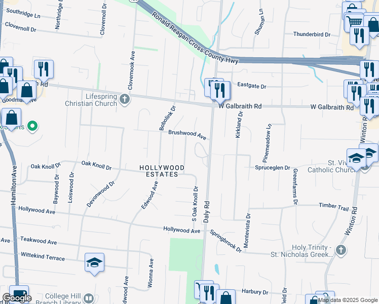 map of restaurants, bars, coffee shops, grocery stores, and more near 7734 Bitteroot Lane in Cincinnati