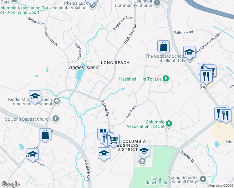 map of restaurants, bars, coffee shops, grocery stores, and more near 5756 Yellowrose Court in Columbia