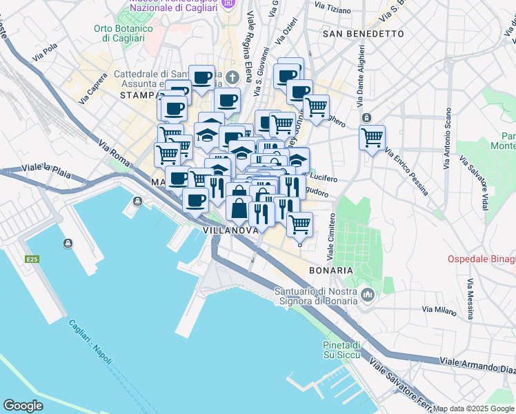 map of restaurants, bars, coffee shops, grocery stores, and more near 39 Via XX Settembre in Cagliari