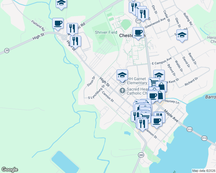 map of restaurants, bars, coffee shops, grocery stores, and more near 609 High Street in Chestertown