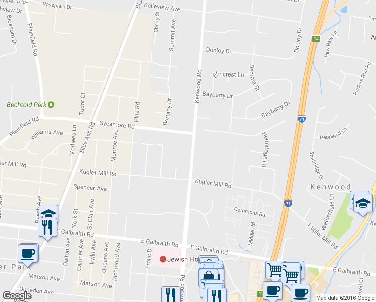 map of restaurants, bars, coffee shops, grocery stores, and more near 8541 Kenwood Road in Cincinnati