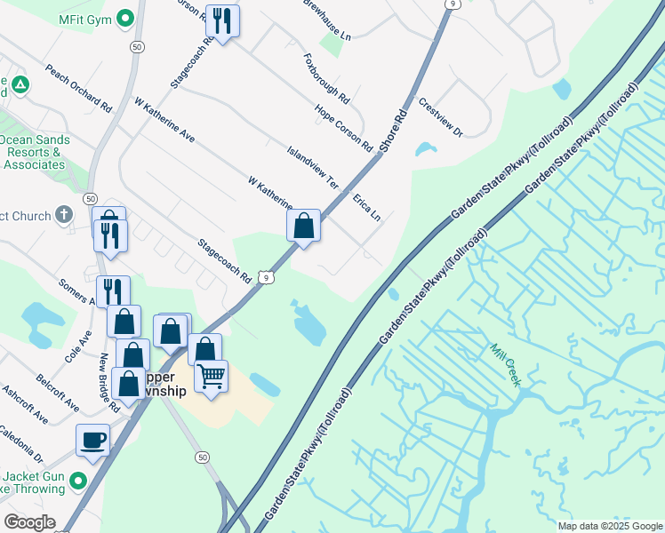 map of restaurants, bars, coffee shops, grocery stores, and more near 2024 Cedar Lane in Upper Township