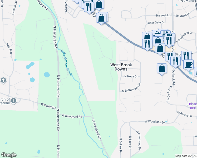 map of restaurants, bars, coffee shops, grocery stores, and more near 4335 North Brookwood Drive in Bloomington