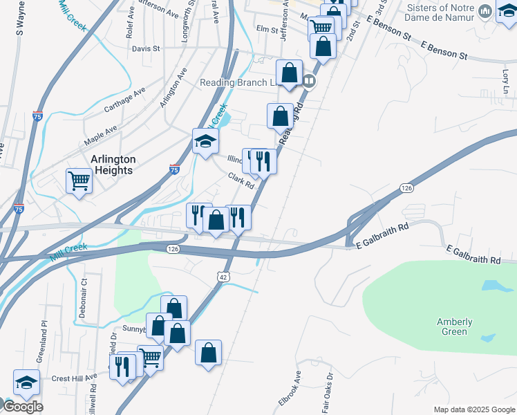 map of restaurants, bars, coffee shops, grocery stores, and more near 8423 Reading Road in Cincinnati