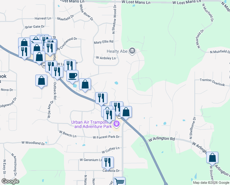 map of restaurants, bars, coffee shops, grocery stores, and more near 4312 North Rindle Lane in Bloomington