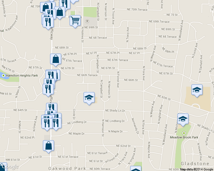 map of restaurants, bars, coffee shops, grocery stores, and more near 6510 N Harrison St in Kansas City