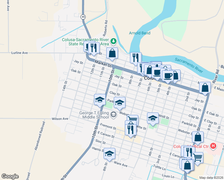 map of restaurants, bars, coffee shops, grocery stores, and more near 430 9th Street in Colusa