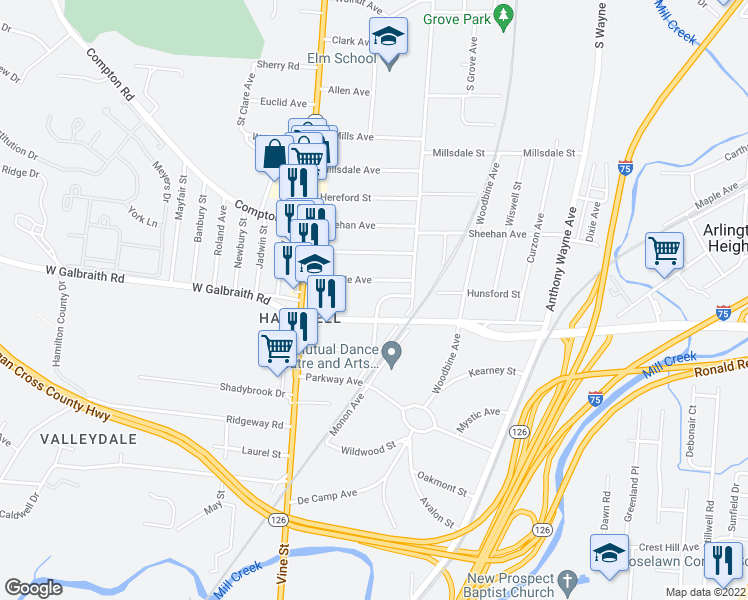 map of restaurants, bars, coffee shops, grocery stores, and more near 8309 Burns Avenue in Cincinnati