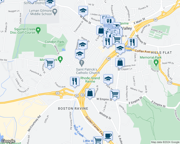 map of restaurants, bars, coffee shops, grocery stores, and more near 412 Mill Street in Grass Valley