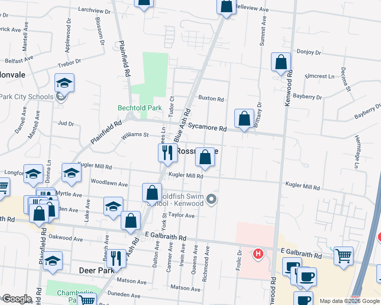 map of restaurants, bars, coffee shops, grocery stores, and more near in Rossmoyne