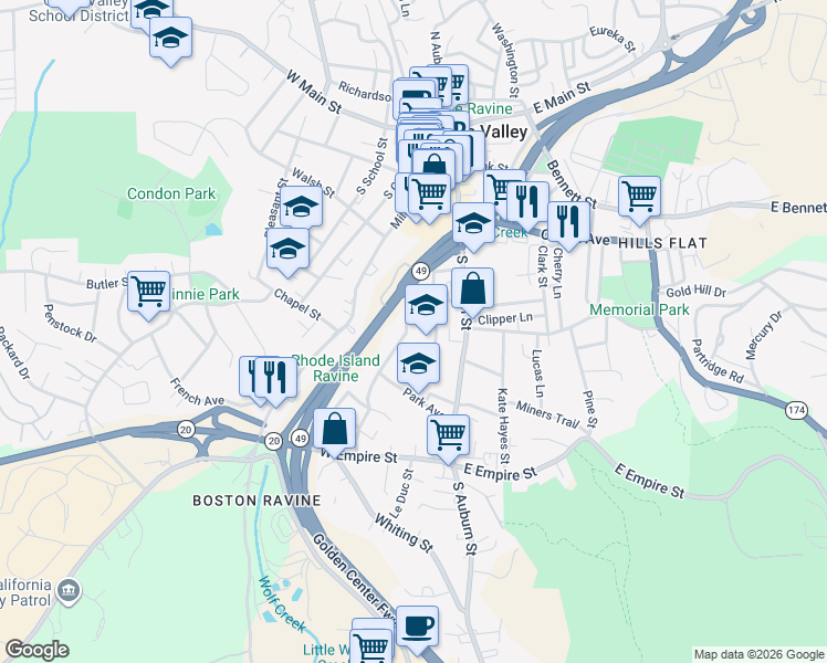 map of restaurants, bars, coffee shops, grocery stores, and more near 323 Marshall Street in Grass Valley