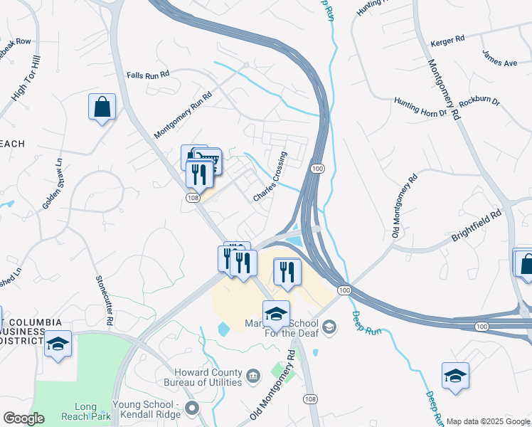 map of restaurants, bars, coffee shops, grocery stores, and more near 5948 Logans Way in Ellicott City