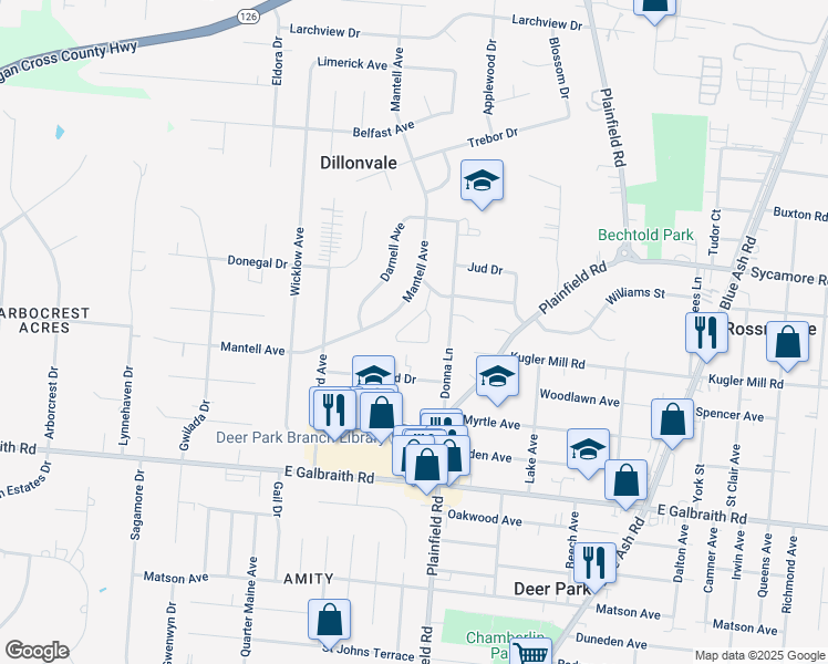 map of restaurants, bars, coffee shops, grocery stores, and more near 4015 Estermarie Drive in Cincinnati