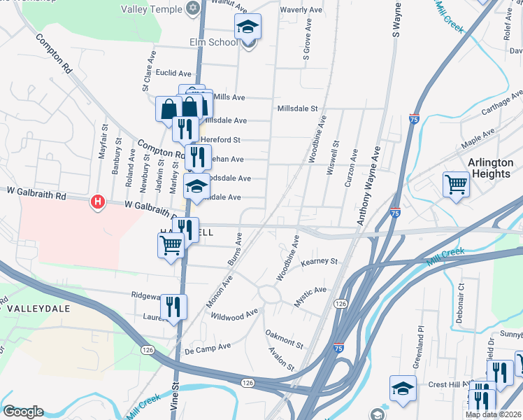 map of restaurants, bars, coffee shops, grocery stores, and more near 8321 Burns Court in Cincinnati