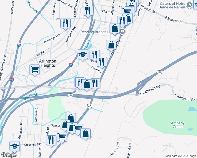 map of restaurants, bars, coffee shops, grocery stores, and more near 8423 Reading Road in Cincinnati
