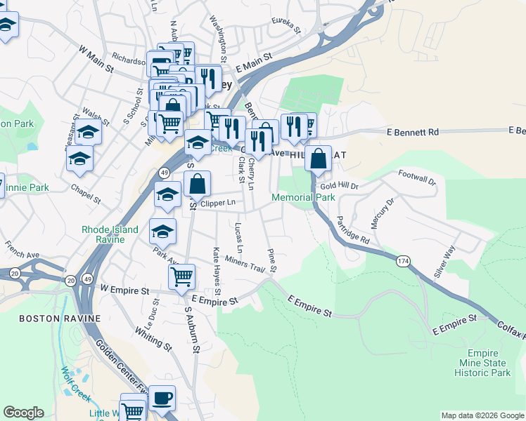 map of restaurants, bars, coffee shops, grocery stores, and more near 219 Race Street in Grass Valley