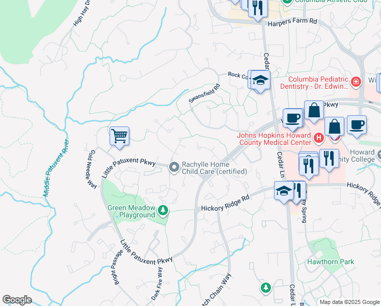 map of restaurants, bars, coffee shops, grocery stores, and more near 11235 Pear Tree Way in Columbia