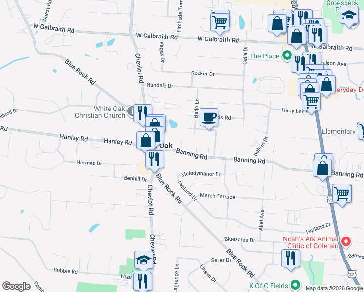 map of restaurants, bars, coffee shops, grocery stores, and more near 3510 Banning Road in Cincinnati