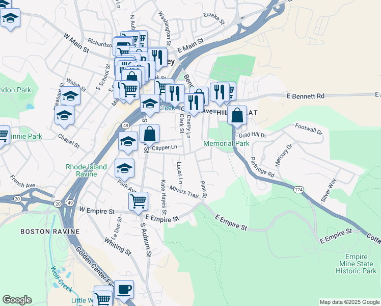 map of restaurants, bars, coffee shops, grocery stores, and more near 211 Race Street in Grass Valley