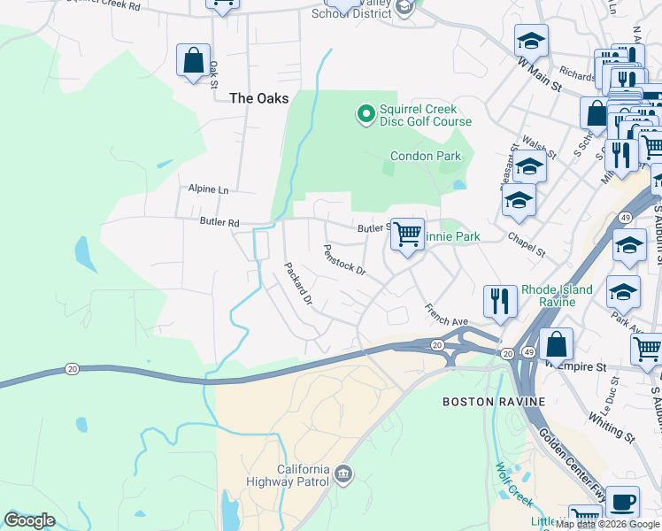 map of restaurants, bars, coffee shops, grocery stores, and more near 546 Penstock Drive in Grass Valley