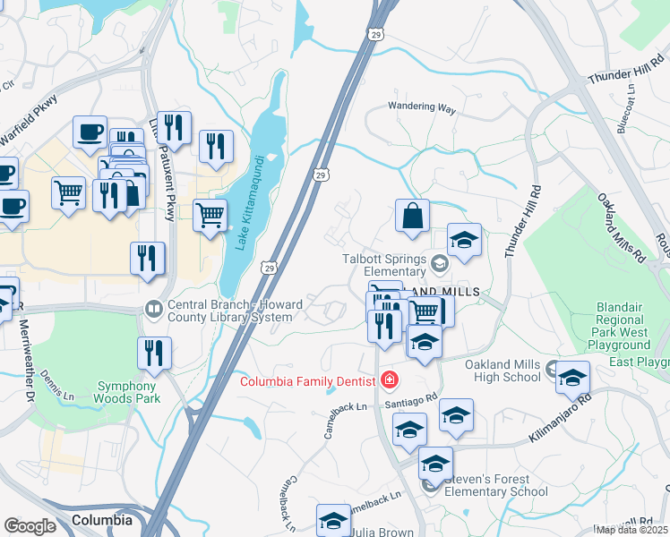map of restaurants, bars, coffee shops, grocery stores, and more near 5686 Stevens Forest Road in Columbia