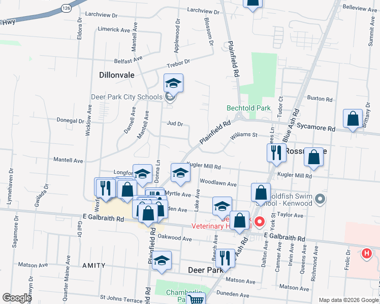map of restaurants, bars, coffee shops, grocery stores, and more near 8462 Plainfield Road in Cincinnati