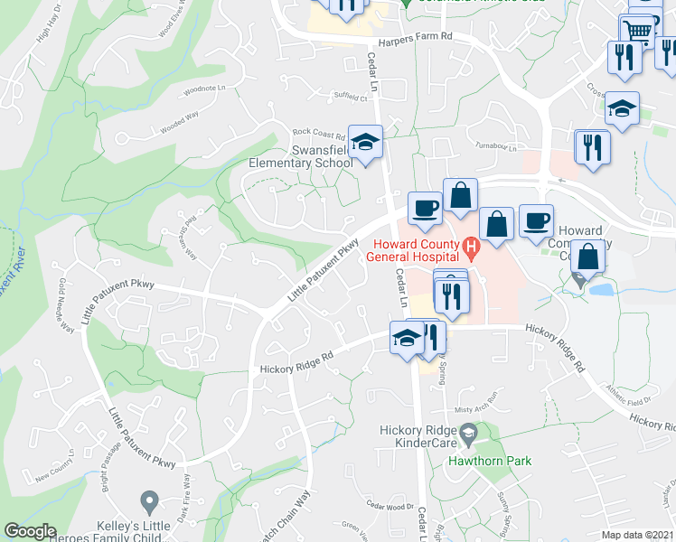 map of restaurants, bars, coffee shops, grocery stores, and more near 11233 Powder Run in Columbia