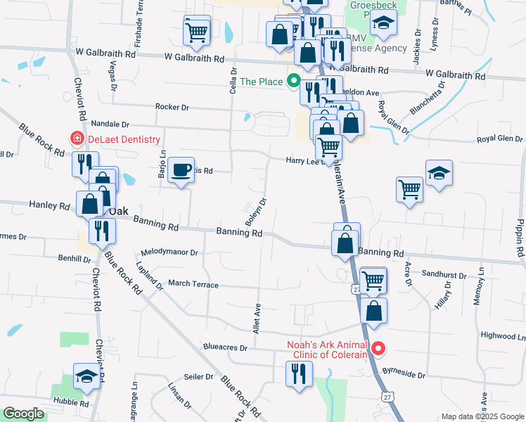 map of restaurants, bars, coffee shops, grocery stores, and more near 7256 Boleyn Drive in Cincinnati