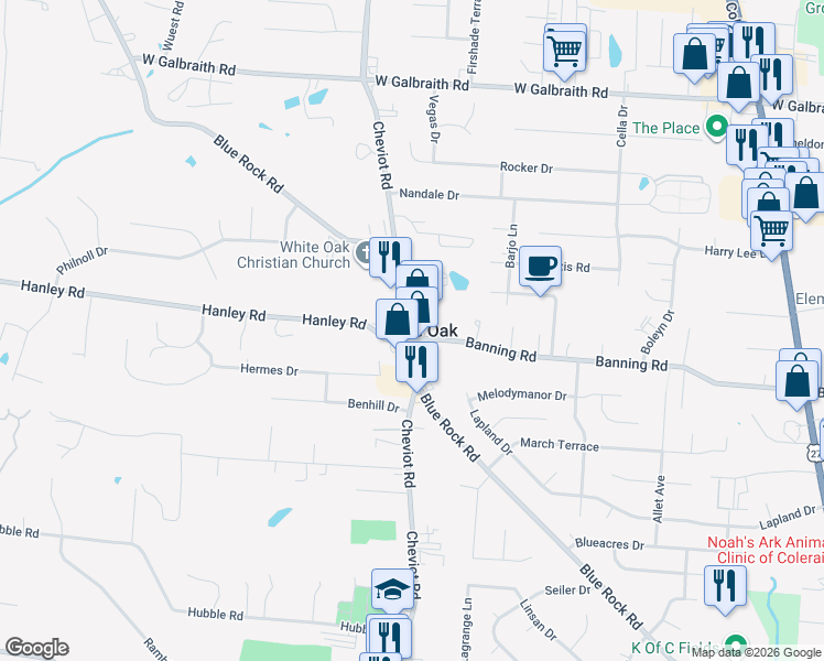 map of restaurants, bars, coffee shops, grocery stores, and more near in White Oak