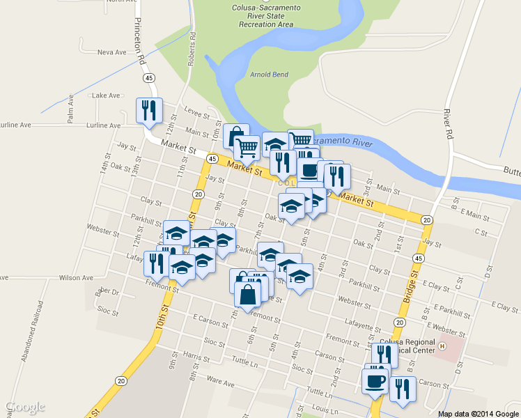 map of restaurants, bars, coffee shops, grocery stores, and more near 342 7th Street in Colusa