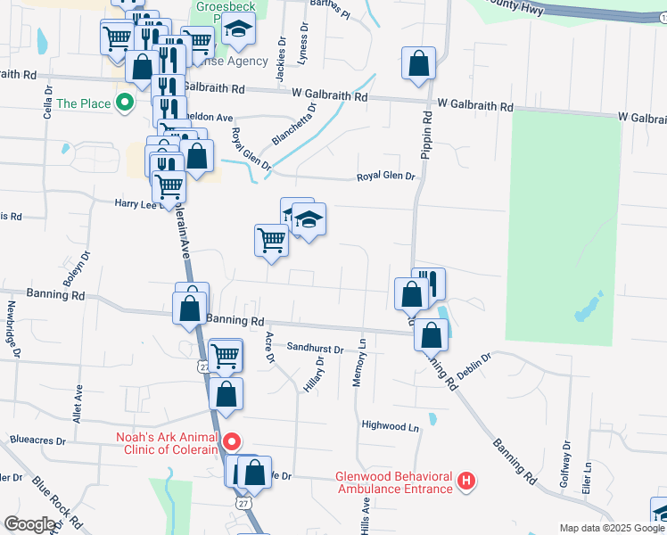 map of restaurants, bars, coffee shops, grocery stores, and more near 7219 Longwood Court in Cincinnati