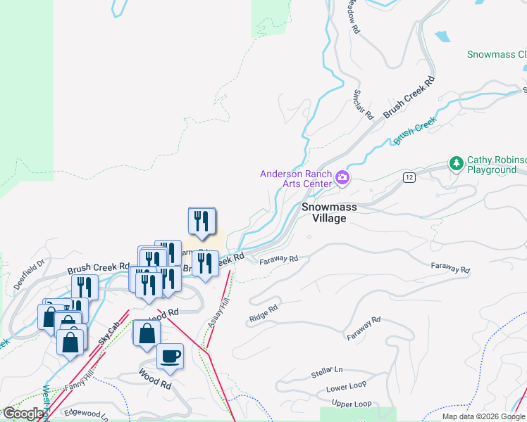 map of restaurants, bars, coffee shops, grocery stores, and more near 35 Upper Woodbridge Road in Snowmass Village