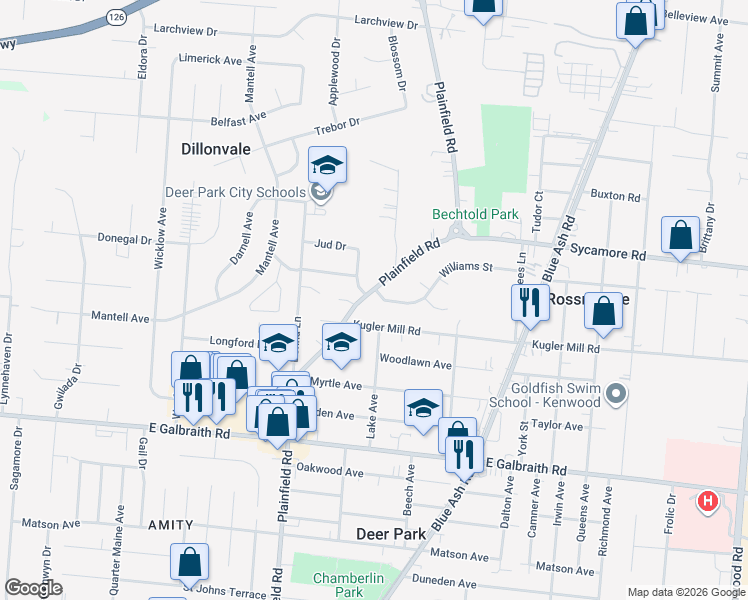 map of restaurants, bars, coffee shops, grocery stores, and more near 8462 Plainfield Road in Cincinnati