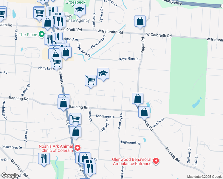 map of restaurants, bars, coffee shops, grocery stores, and more near 7219 Longwood Court in Cincinnati