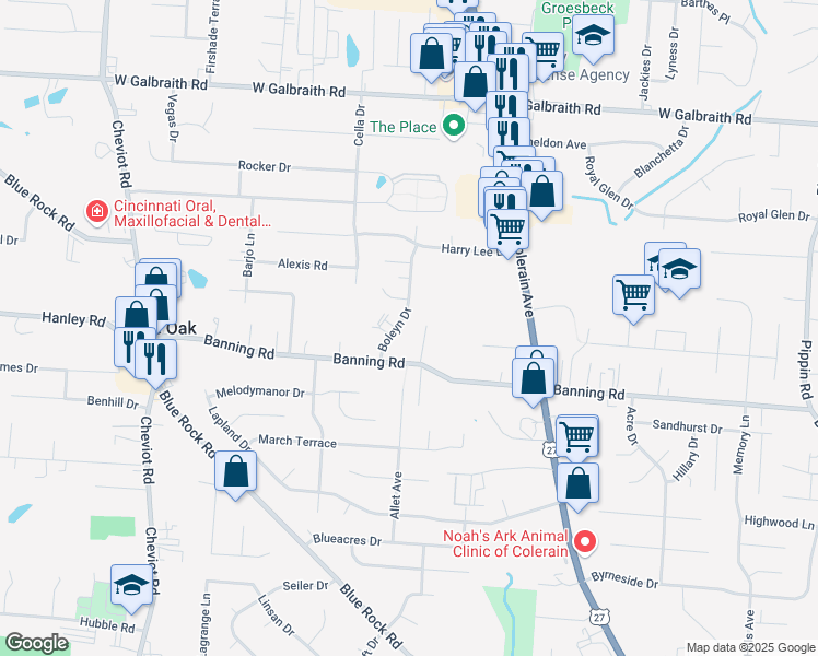map of restaurants, bars, coffee shops, grocery stores, and more near 7256 Boleyn Drive in Cincinnati