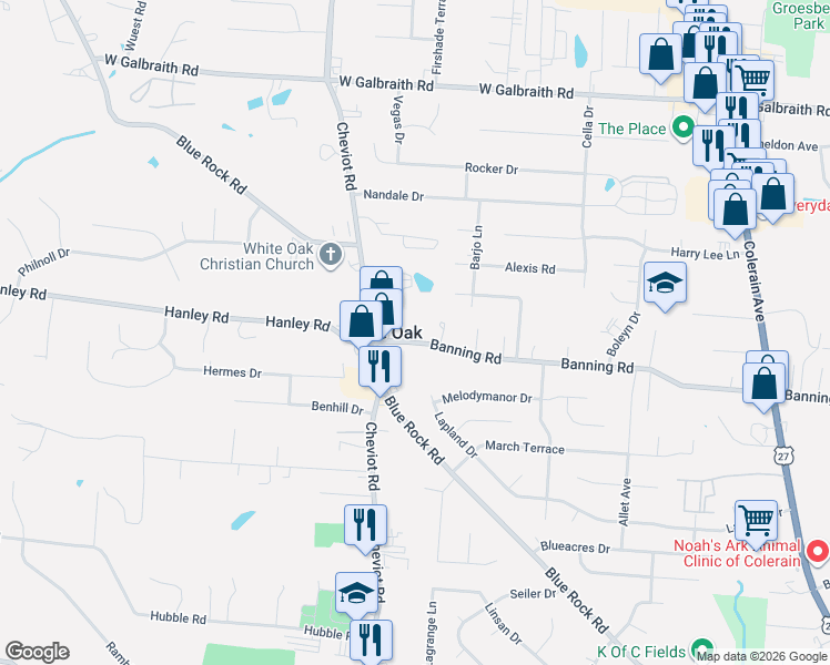 map of restaurants, bars, coffee shops, grocery stores, and more near 3554 Banning Road in Cincinnati