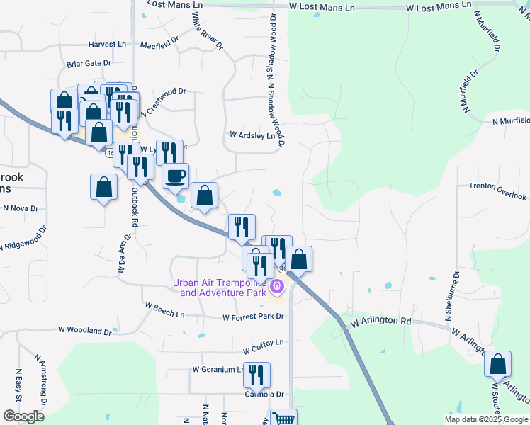 map of restaurants, bars, coffee shops, grocery stores, and more near 4312 North Rindle Lane in Bloomington