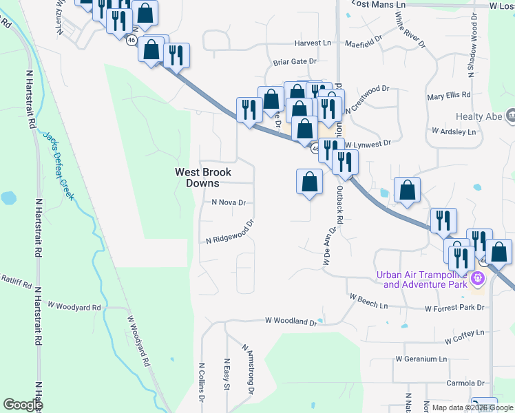 map of restaurants, bars, coffee shops, grocery stores, and more near 4385 North Ridgewood Drive in Bloomington