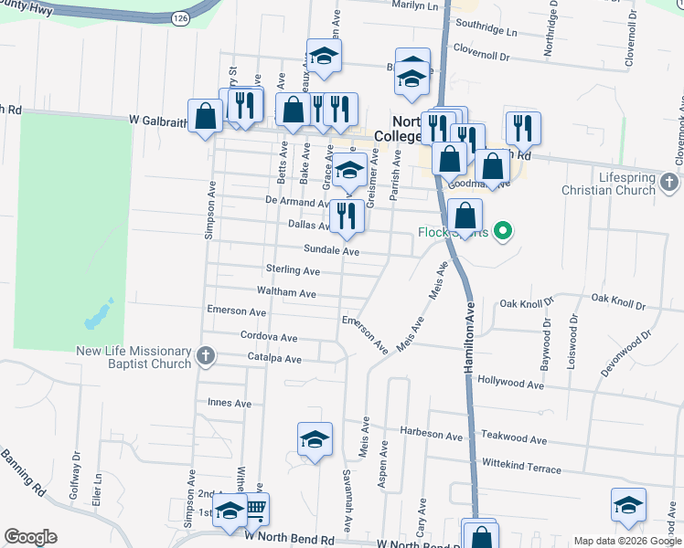 map of restaurants, bars, coffee shops, grocery stores, and more near Savannah Ave & Sterling Ave in North College Hill
