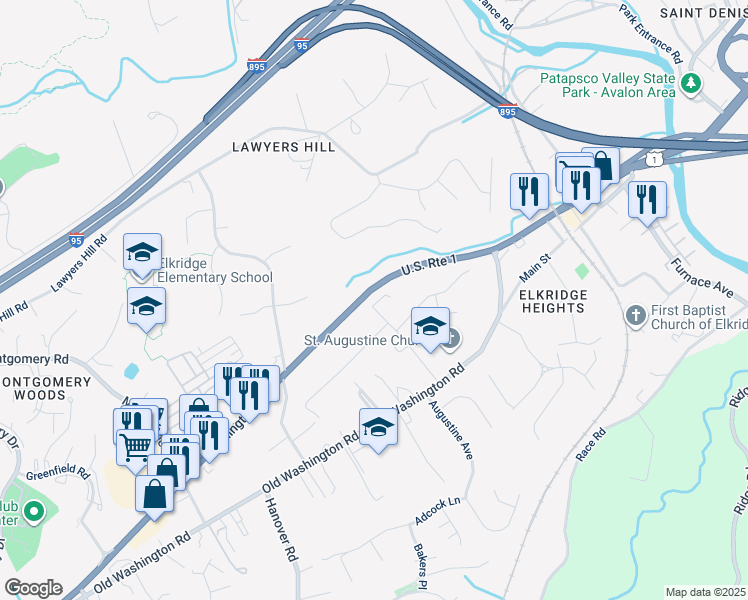map of restaurants, bars, coffee shops, grocery stores, and more near 5745 Augustine Avenue in Elkridge