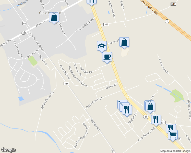 map of restaurants, bars, coffee shops, grocery stores, and more near 341 Norway Drive in Dover