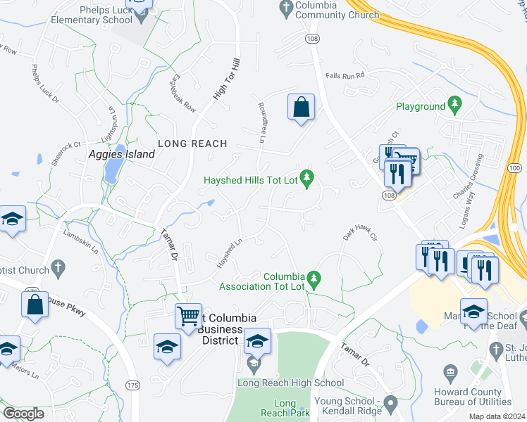 map of restaurants, bars, coffee shops, grocery stores, and more near 8654 Hayshed Lane in Columbia