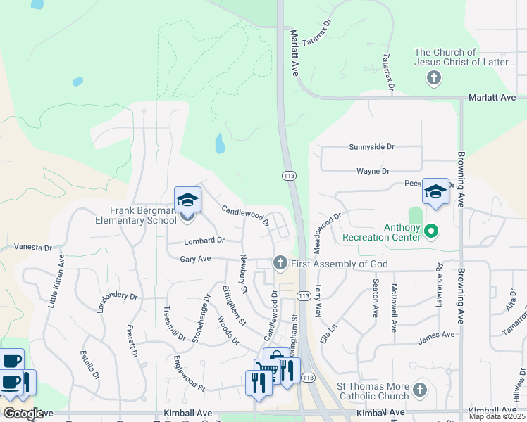 map of restaurants, bars, coffee shops, grocery stores, and more near 2600 Candlewood Drive in Manhattan