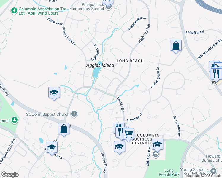 map of restaurants, bars, coffee shops, grocery stores, and more near 5781 Alderleaf Place in Columbia