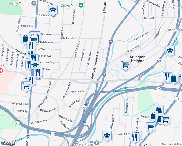 map of restaurants, bars, coffee shops, grocery stores, and more near 8321 Anthony Wayne Avenue in Cincinnati