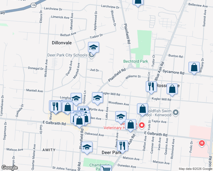 map of restaurants, bars, coffee shops, grocery stores, and more near 8462 Plainfield Road in Cincinnati