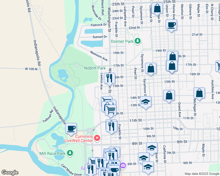 map of restaurants, bars, coffee shops, grocery stores, and more near 1451 Washington Street in Columbus