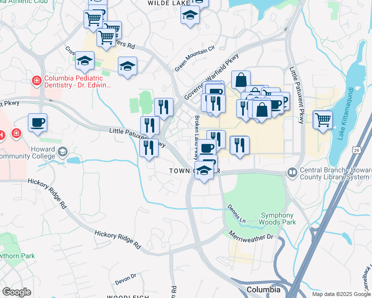 map of restaurants, bars, coffee shops, grocery stores, and more near 10655 Gramercy Place in Columbia