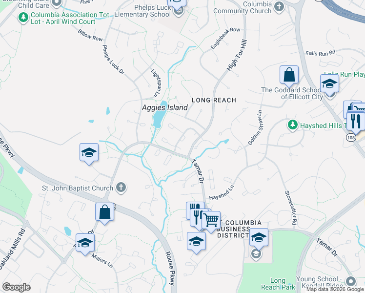 map of restaurants, bars, coffee shops, grocery stores, and more near 5781 Alderleaf Place in Columbia